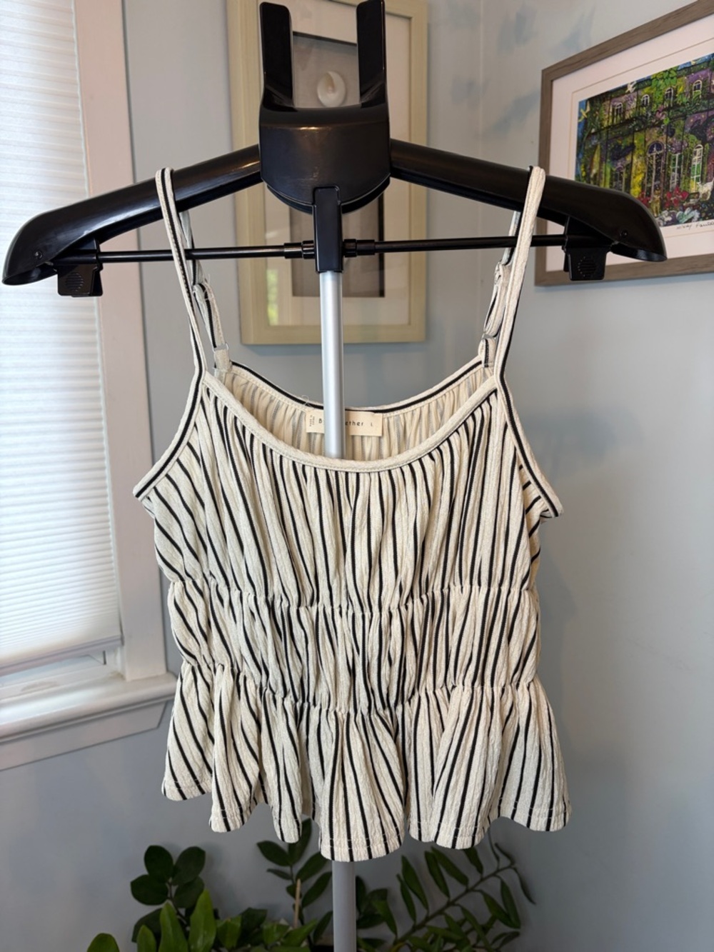 Striped Cream Black Smocked Peplum Cami Top